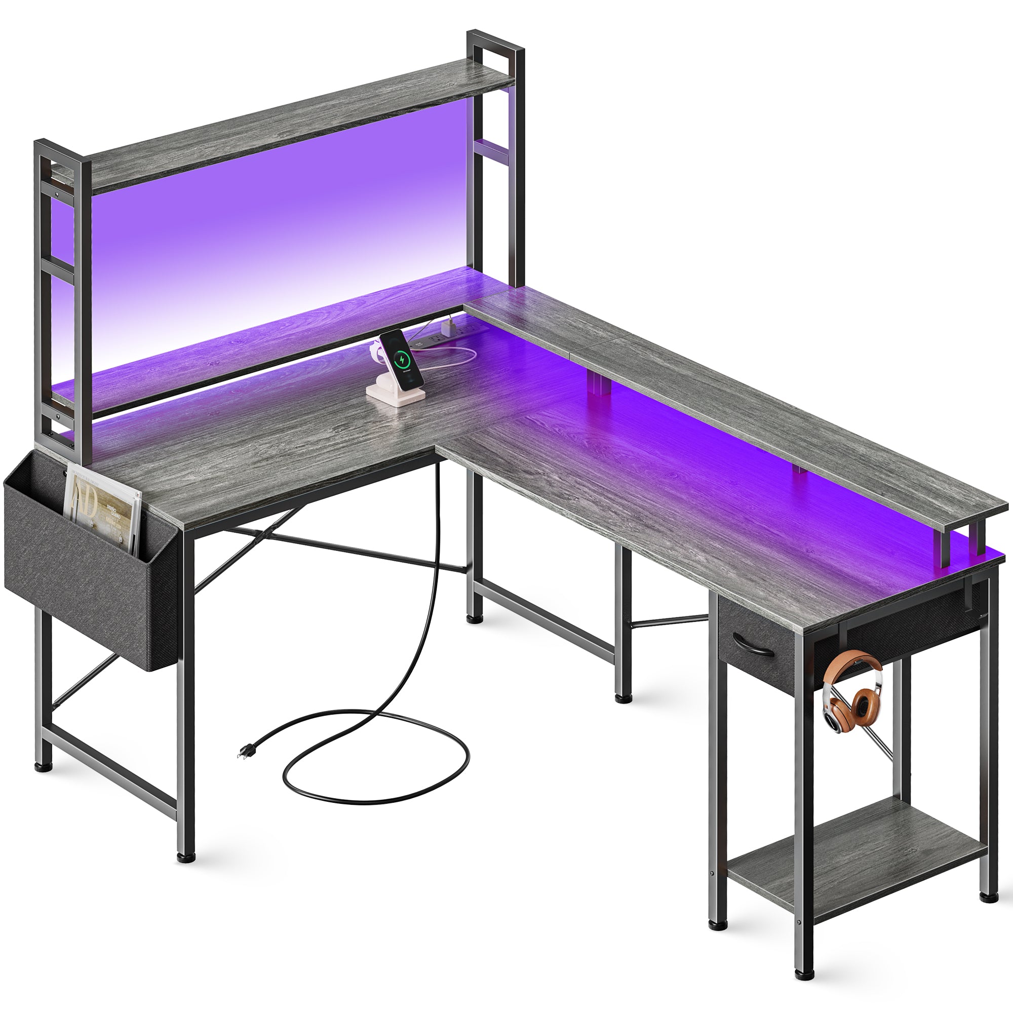 Huuger L Shaped Desk Gaming Desk With LED Lights & Power Outlets, Comp