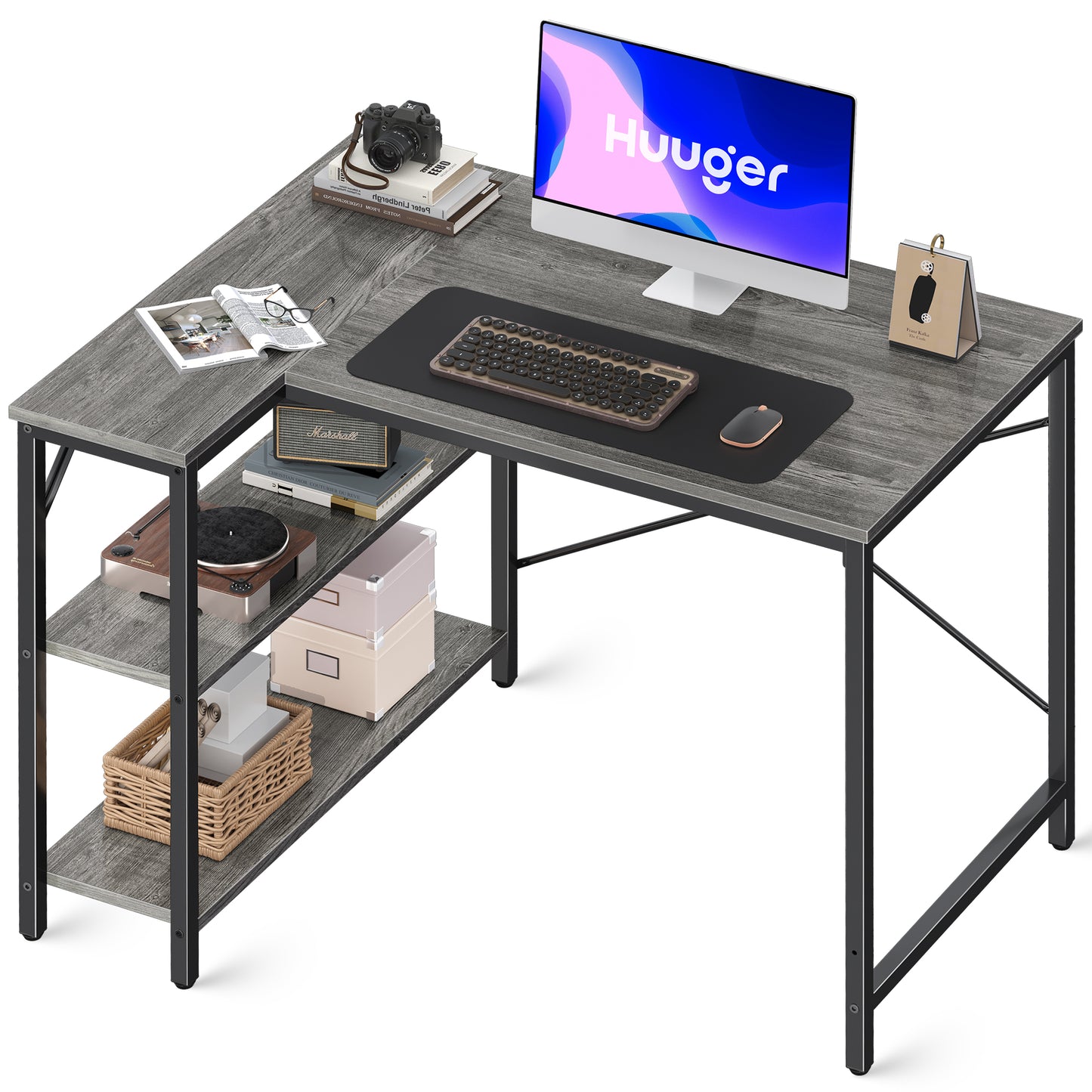 Huuger L Shaped Desk, 39 Inches Computer Desk with Reversible Storage Shelves, Gaming Desk, Corner Desk Home Office Desks, Writing Desk Study Desk with Metal Frame, Gray
