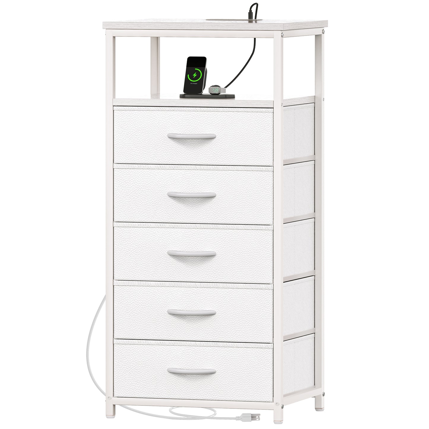 Huuger 5 Drawers Dresser with Charging Station, Dresser for Bedroom, Tall Night Stand, Chest of Drawers with Open Shelf, Bedside Table Nightstand, Fabric Storage Drawers, for Entryway, White