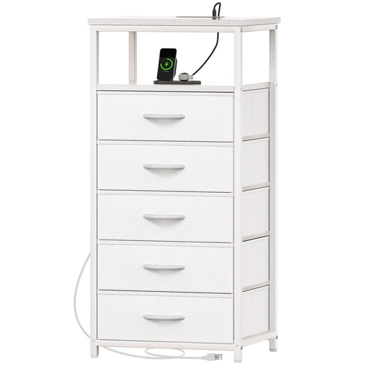 Huuger 5 Drawers Dresser with Charging Station, Dresser for Bedroom, Tall Night Stand, Chest of Drawers with Open Shelf, Bedside Table Nightstand, Fabric Storage Drawers, for Entryway, White