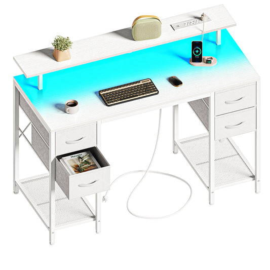 Huuger 47 inch Computer Desk with 4 Drawers, Gaming Desk with LED Lights & Power Outlets, Home Office Desk with Large Storage Space for Bedroom, Work from Home, White