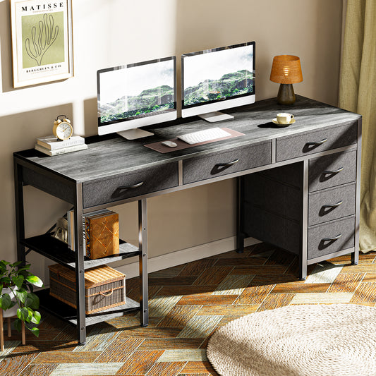 Huuger Computer Desk with 6 Drawers, 47 Inch Office Desk with Shelves, Reversible Gaming Desk, Corner Desk with Storage, Work Desk for Home Office, Study, Living Room, Gray