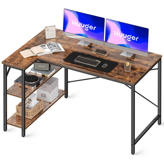 Huuger L Shaped Desk, 47 Inches Computer Desk with Reversible Storage Shelves, Rustic Brown