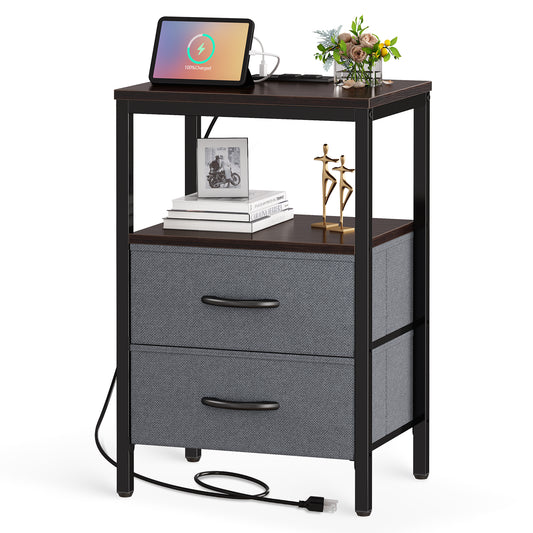 Huuger Nightstand with Charging Station, Side Table with Fabric Drawers, End Table with Open Shelf, Bedside Table with USB Ports and Outlets, Walnut