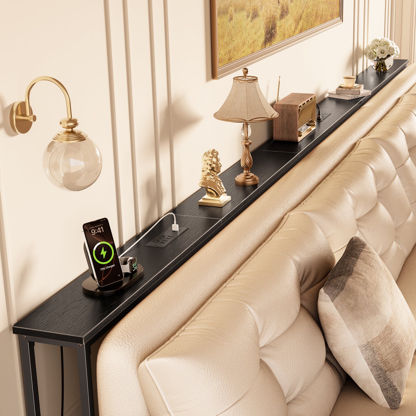 Huuger 133.9 Inch Sofa Table with 2 Power Outlets and USB-C Port, 5.9 Inch Narrow Console Table with Storage, Extra-Long Behind Sofa Table for Living Room, Entryway Hallway Couch, Black