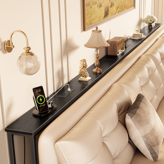 Huuger 133.9 Inch Sofa Table with 2 Power Outlets and USB-C Port, 5.9 Inch Narrow Console Table with Storage, Extra-Long Behind Sofa Table for Living Room, Entryway Hallway Couch, Black