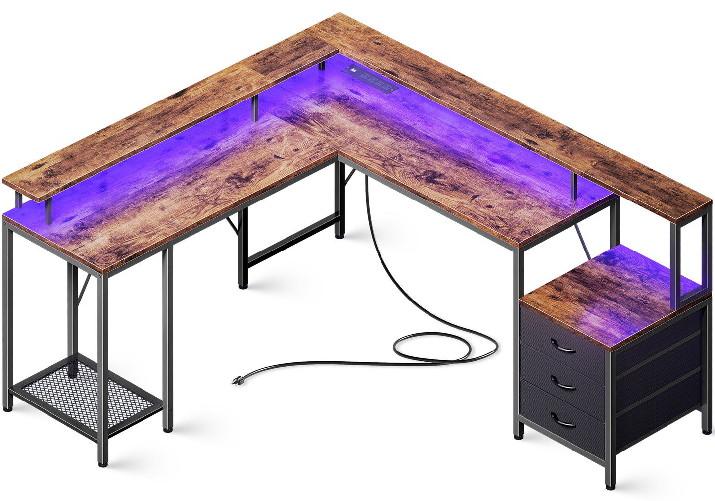 Huuger L Shaped Gaming Desk with LED Lights and Power Outlets, Computer Desk with Drawers, 66.1 Inches Corner Desk, Home Office Desk with Printer and Monitor Stand, Large Storage, Rustic Brown