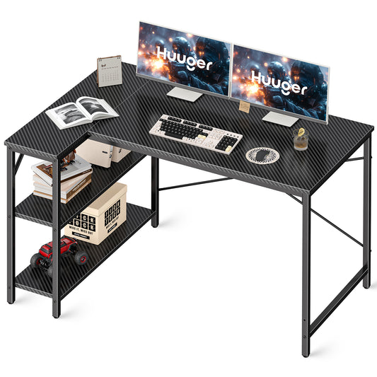 L Shaped Computer Desk with Reversible Storage Shelves, Gaming Corner Desk for Home Office, Writing Study Desk with Metal Frame, Carbon Fiber Black