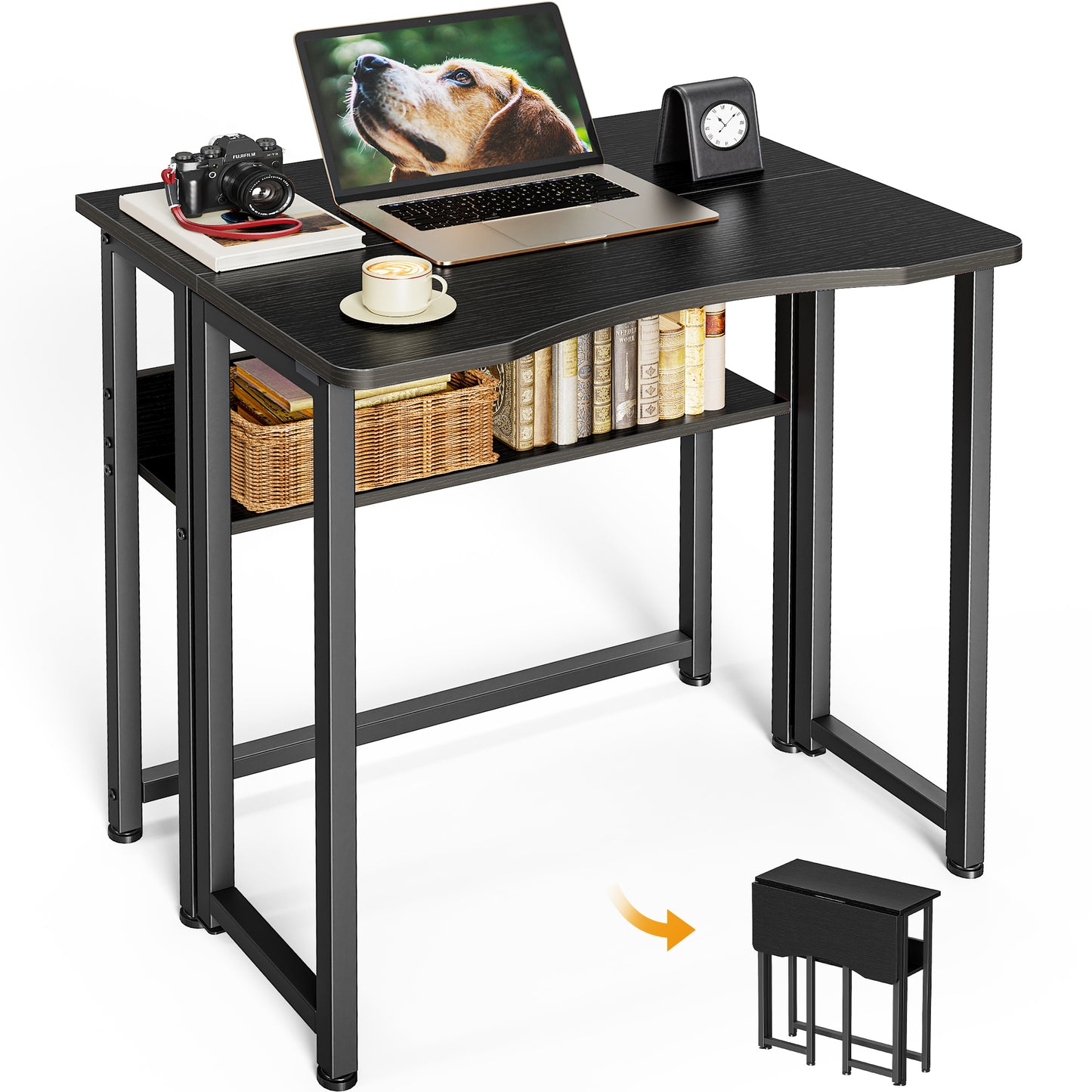 Huuger Folding Desk with Storage Shelf, 23.6 Inch Foldable Computer Table for Small Spaces, Space Saving Sofa Table for Couch, Writing Work Office Computer Desk, Easy to Fold, Black