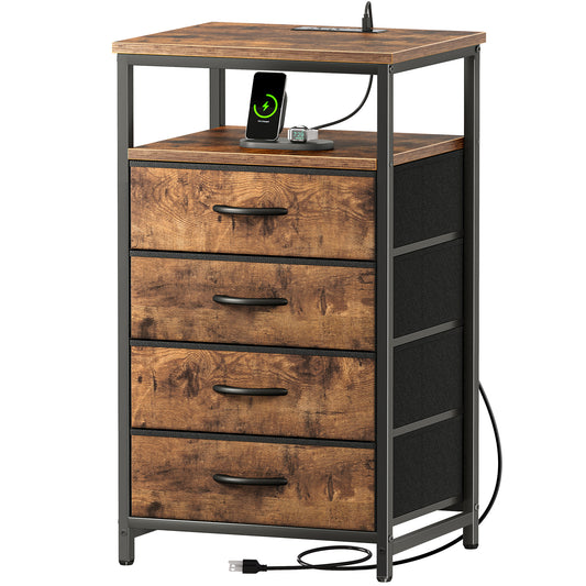 Huuger Night Stand with Charging Station, 4 Drawer Dresser for Bedroom, Bedside Table, 33.9 Inch Tall Nightstand with Open Shelf, End Table, for Closet, Entryway, Bedroom, Rustic Brown