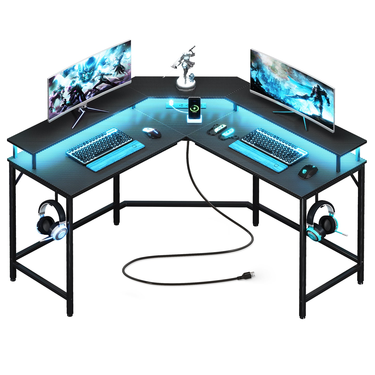 Huuger L Shaped Gaming Desk with Power Outlets & LED Lights, Computer Desk with Monitor Shelves, Carbon Fiber Surface, Hooks, Black