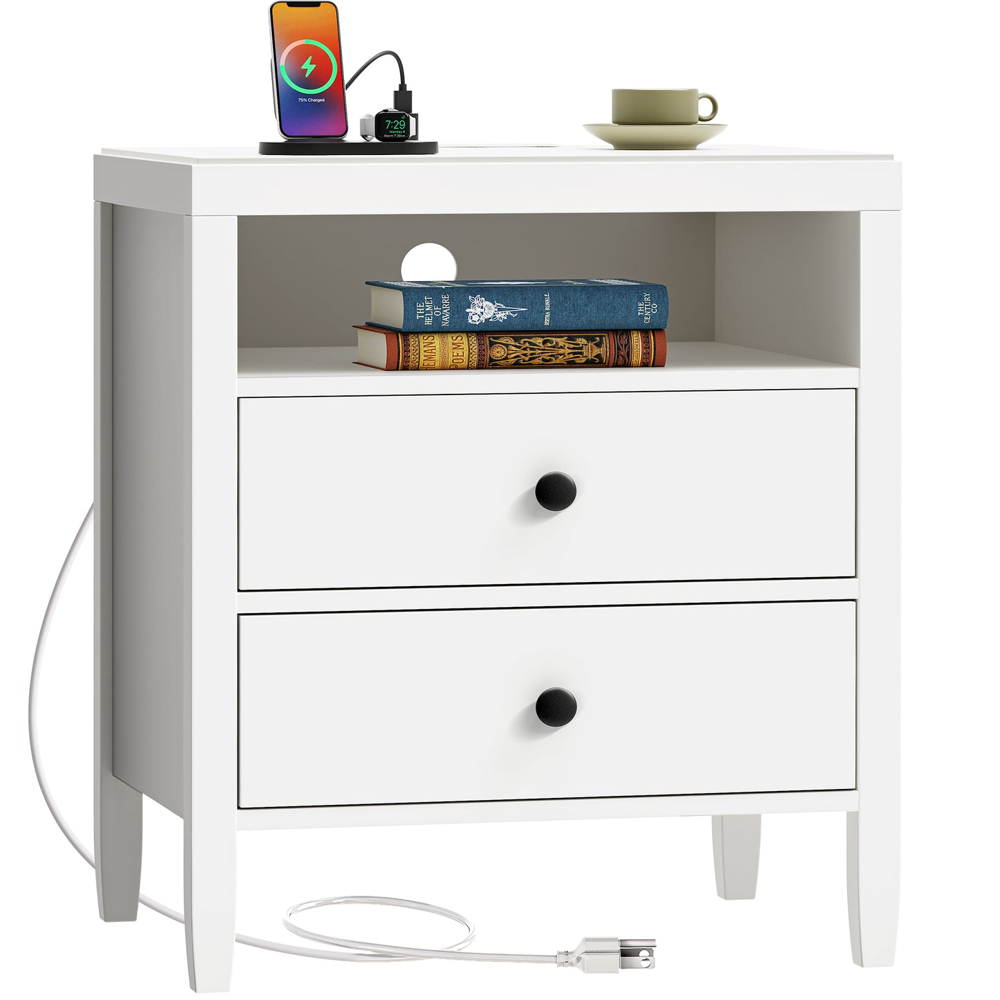 Huuger Night Stand with Charger Station, White Nightstand with 2 Drawers, Bed Side Table with Storage, Modern End Table, Metal Knobs, Painted Surface, for Bedroom