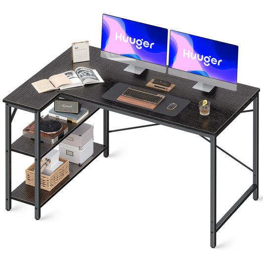 Huuger L Shaped Desk, 47 Inches Computer Desk with Reversible Storage Shelves, Black