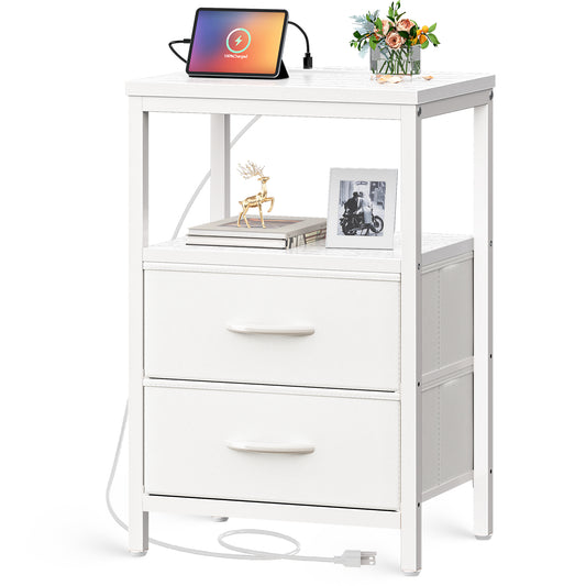 Huuger Nightstand with Charging Station, Side Table with Fabric Drawers, End Table with Open Shelf, Bedside Table with USB Ports and Outlets, Night Stand for Bedroom, White