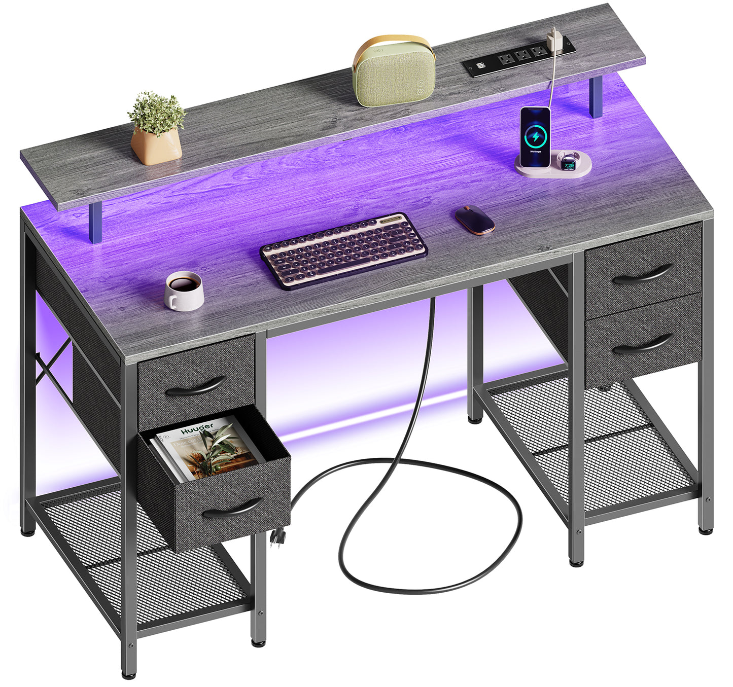 47 inch Computer Desk with 4 Drawers, Gaming Desk with LED Lights & Power Outlets, Home Office Desk with Large Storage Space for Bedroom, Work from Home, Gray