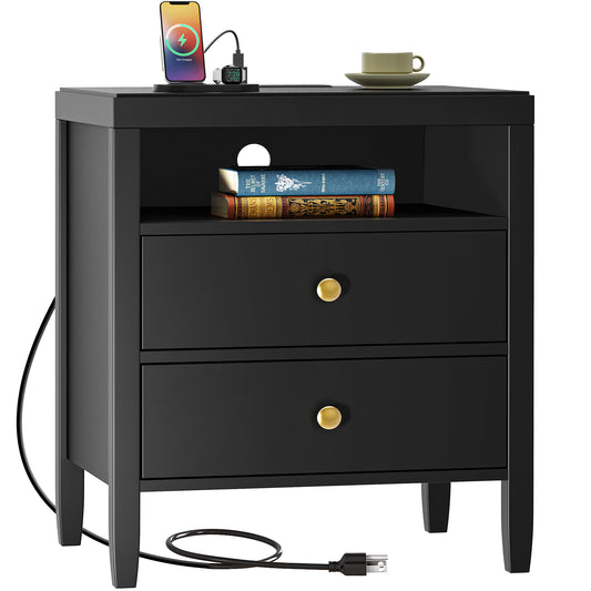 Huuger Night Stand with Charger Station, Black Nightstand with 2 Drawers, Bed Side Table with Storage, Modern End Table, Metal Knobs, Painted Surface, for Bedroom