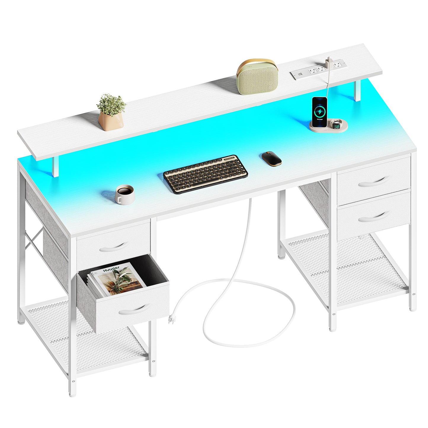 55 inch Computer Desk with 4 Drawers, Gaming Desk with LED Lights & Power Outlets, Home Office Desk with Large Storage Space for Bedroom, Work from Home, White