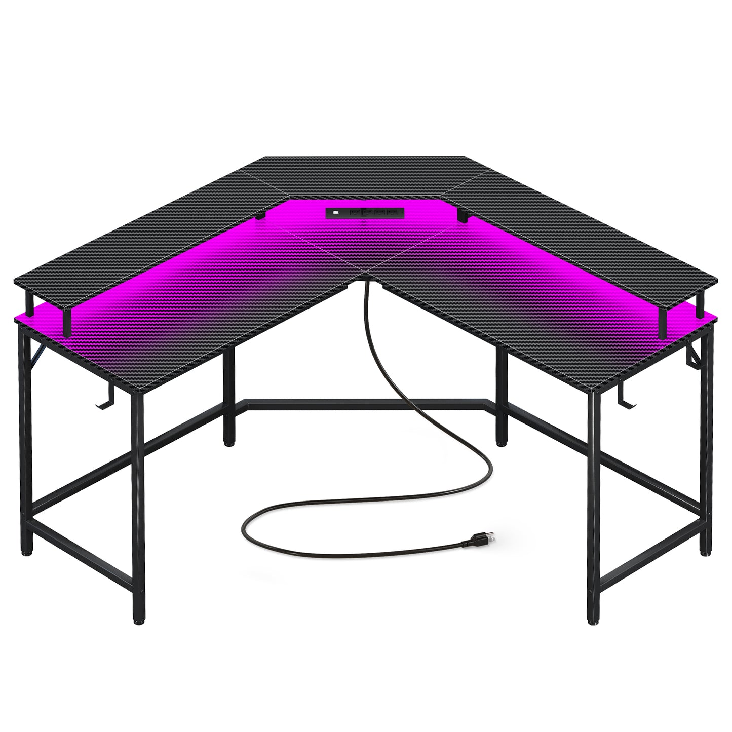 Huuger L Shaped Gaming Desk with Power Outlets & LED Lights, Computer Desk with Monitor Shelves, Carbon Fiber Surface, Hooks, Black