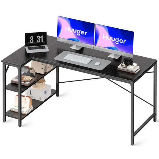 Huuger L Shaped Desk, 55 Inches Computer Desk with Reversible Storage Shelves, Gaming Desk, Corner Desk Home Office Desks, Writing Desk Study Desk with Metal Frame, Black