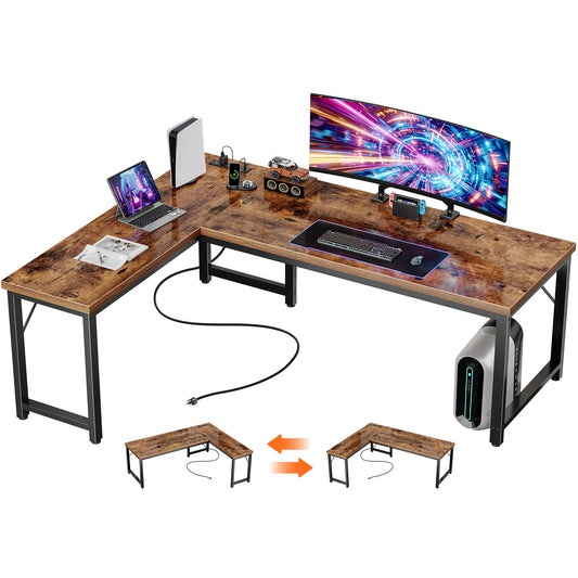 Huuger 63 Inch L Shaped Desk with Power Outlets and USB-C Port, 0.95 Inch Thicker Desktop, Reversible Computer Desk, Larger Office Corner Gaming Desk, Metal Frame, for Home Office, Study, Rustic Brown