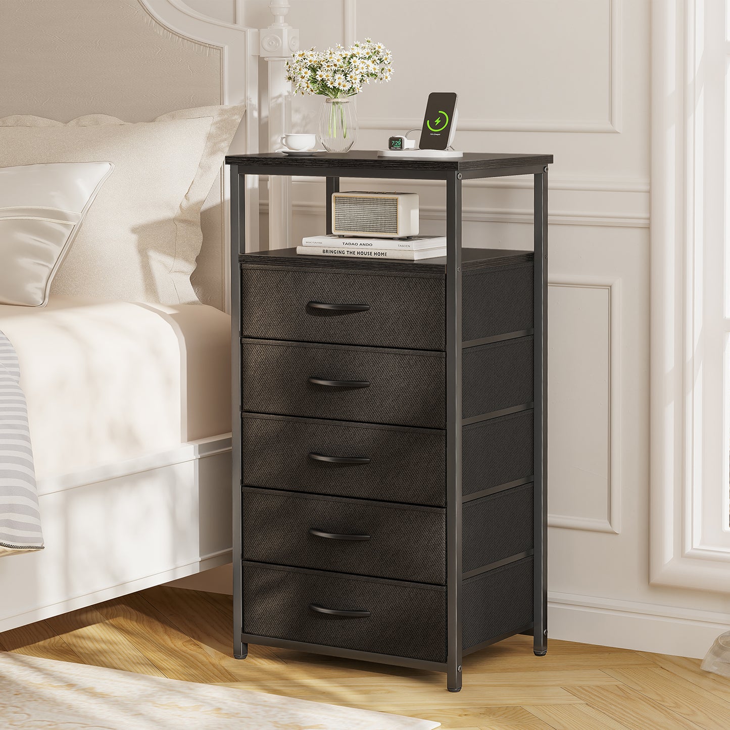 Huuger 5 Drawers Dresser with Charging Station, Dresser for Bedroom, Tall Night Stand, Chest of Drawers with Open Shelf, Bedside Table Nightstand, Fabric Storage Drawers, for Entryway, Black
