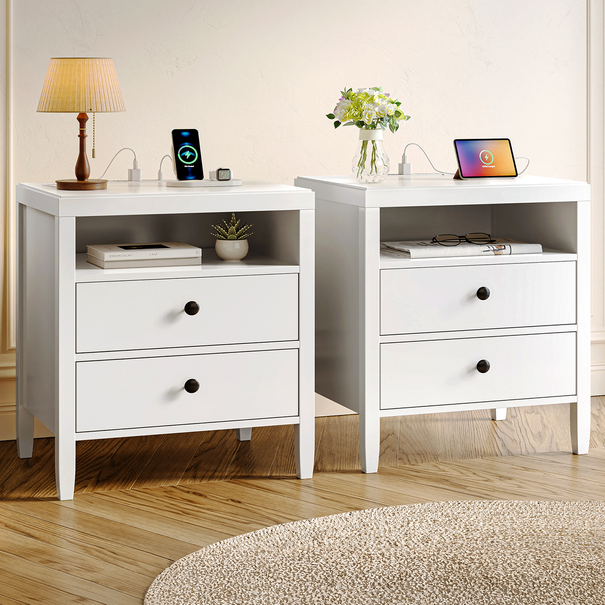 Huuger White Nightstand Set of 2, Night Stand with Charger Station Bedside Table with 2 Drawers, Bed Side Tables for Bedroom, Modern Nightstands, Metal Knobs, Painted Surface