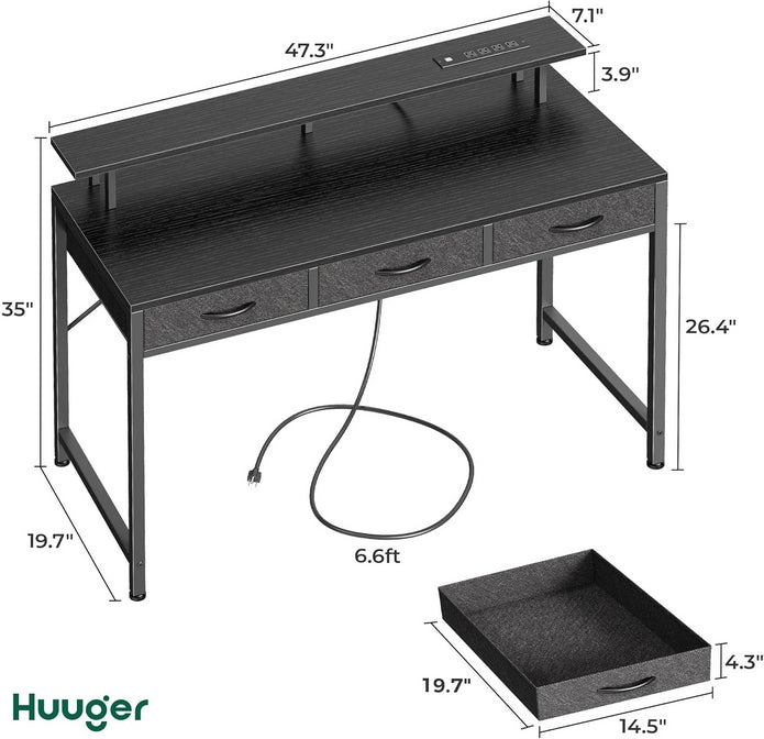 Huuger 47 inch Computer Desk with 3 Drawers, Office Desk Gaming Desk with LED Lights & Power Outlets, Black