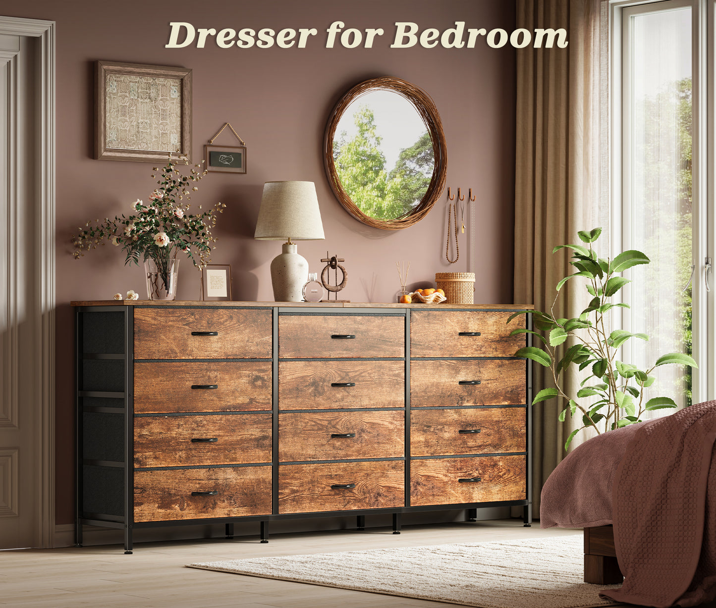 Huuger 63 Inch Long Dresser for Bedroom, TV Stand for 65, 70 Inch TV, 12 Drawer Dresser for Closet, Chest of Drawers, Large Fabric Drawers for Bedroom, Media Console, Rustic Brown