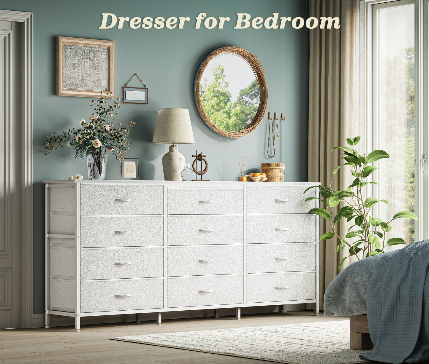 Huuger 63 Inch Long Dresser for Bedroom, TV Stand for 65, 70 Inch TV, 12 Drawer Dresser for Closet, Chest of Drawers, Large Fabric Drawers for Living Room, Media Console with Storage, White