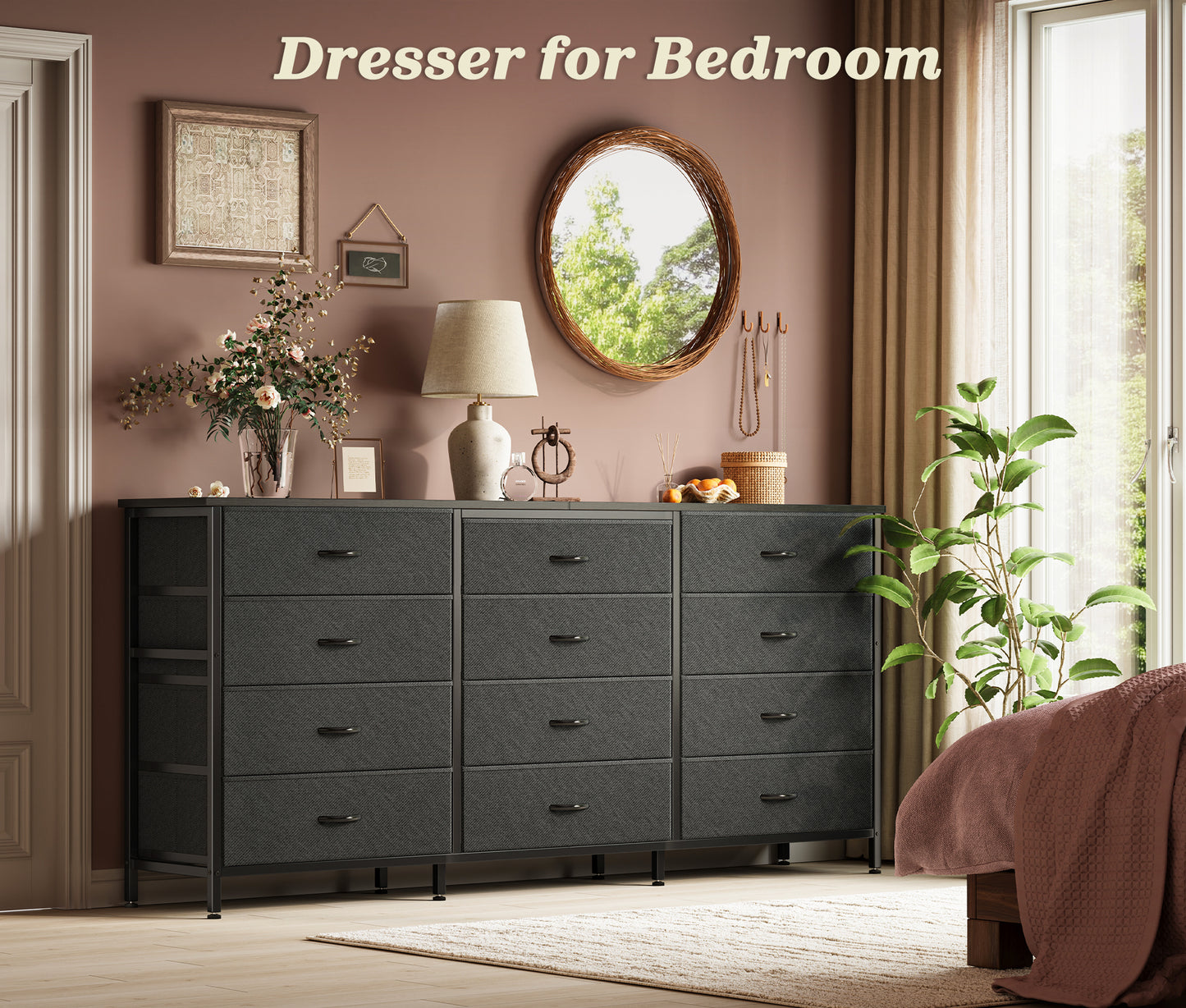 Huuger 63 Inch Long Dresser for Bedroom, TV Stand for 65, 70 Inch TV, 12 Drawer Dresser for Closet, Chest of Drawers, Large Fabric Drawers for Bedroom, Media Console with Storage, Black
