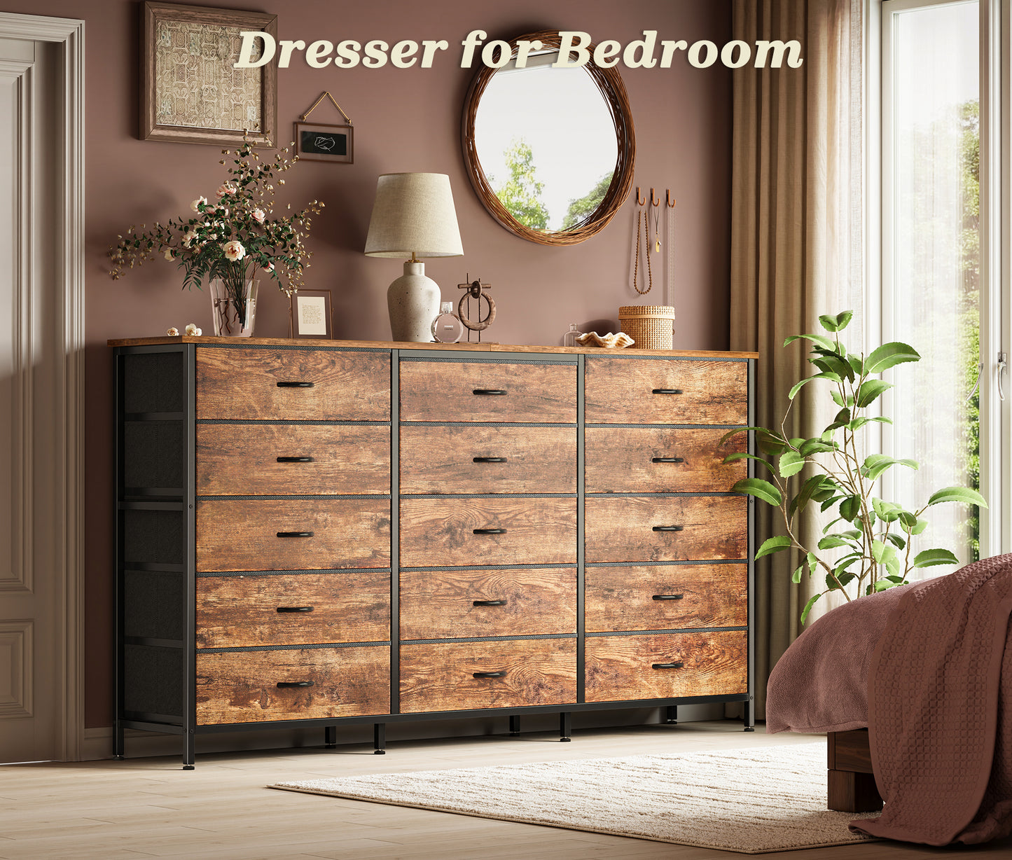 Huuger 63 Inch Long Dresser for Bedroom, TV Stand for 65, 70 Inch TV, 15 Drawer Dresser for Closet, Chest of Drawers, Large Fabric Drawers for Living Room, Rustic Brown