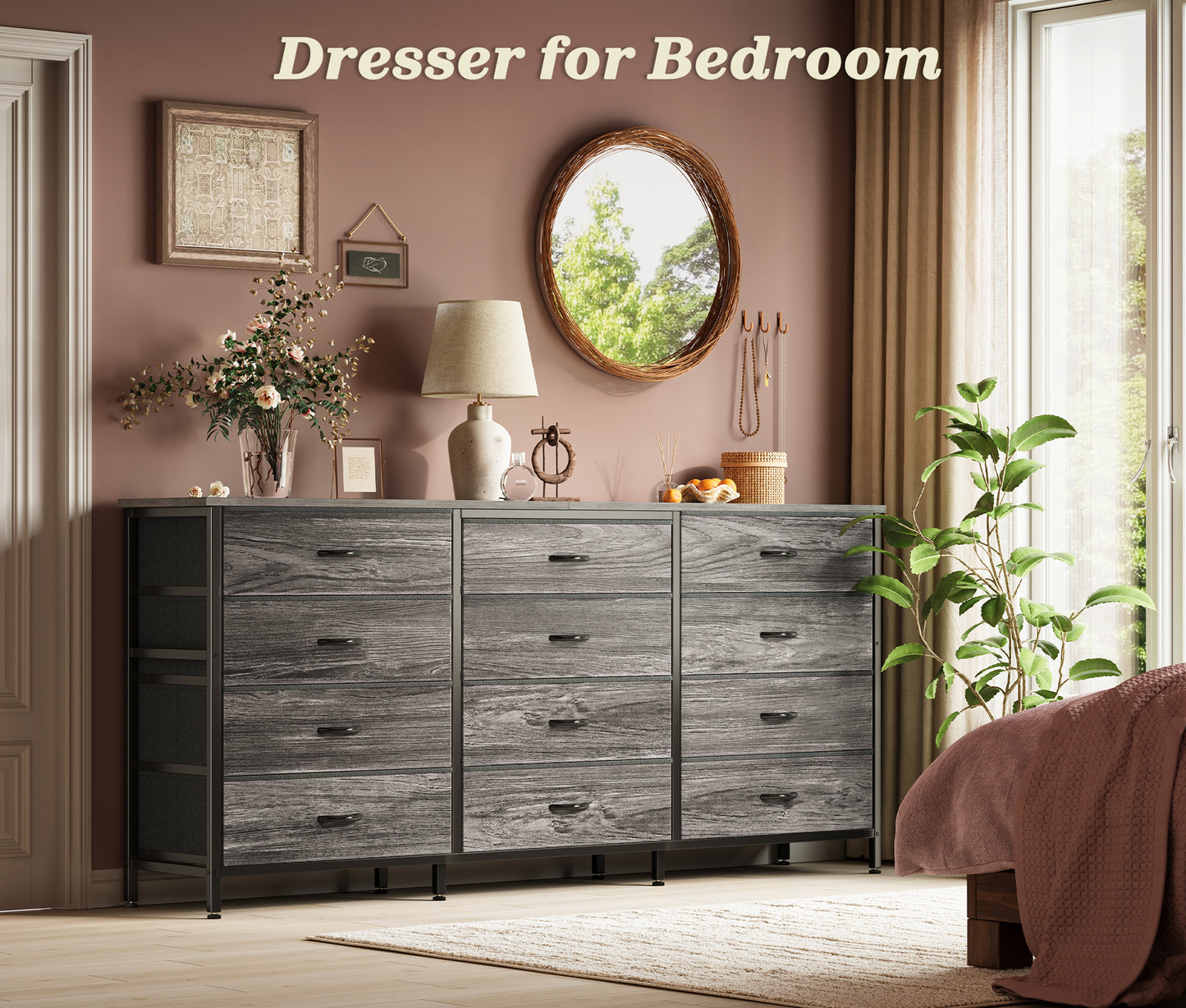 Huuger 63 Inch Long Dresser for Bedroom, TV Stand for 65, 70 Inch TV, 12 Drawer Dresser for Closet, Large Fabric Drawers for Bedroom, Media Console with Storage, Grey