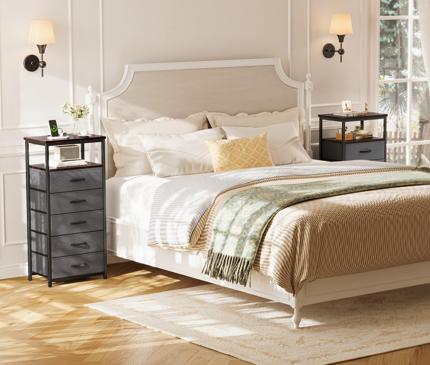 Huuger 5 Drawers Dresser with Charging Station, Dresser for Bedroom, Tall Night Stand, Chest of Drawers with Open Shelf, Bedside Table Nightstand, Fabric, for Entryway, Adult Only, Walnut