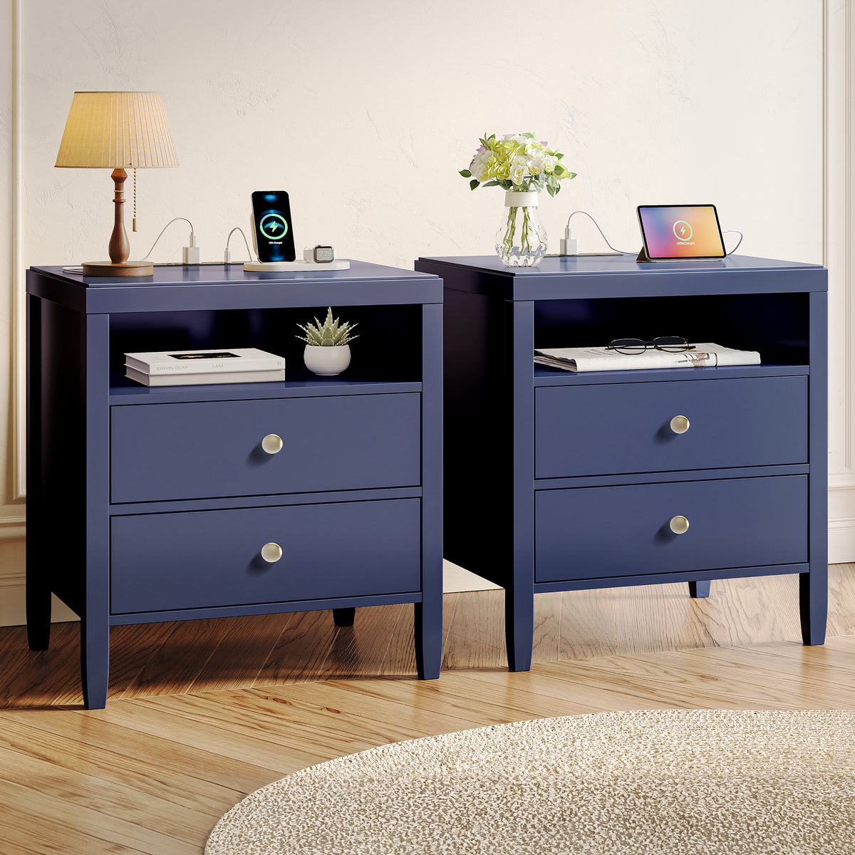 Huuger White Nightstand Set of 2, Night Stand with Charger Station Bedside Table with 2 Drawers, Bed Side Tables for Bedroom, Modern Nightstands, Metal Knobs, Painted Surface