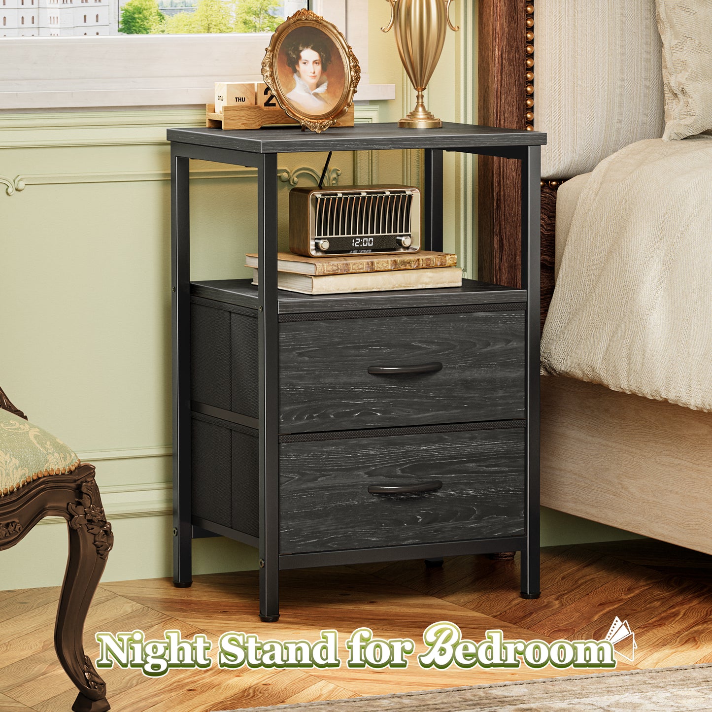 Huuger Night Stand Set of 2, Nightstand with 2 Drawers, Bed Side Table with Open Shelf, Wooden Top, End Table, Fabric Drawer with Oak Wooden Print Surface, for Bedroom