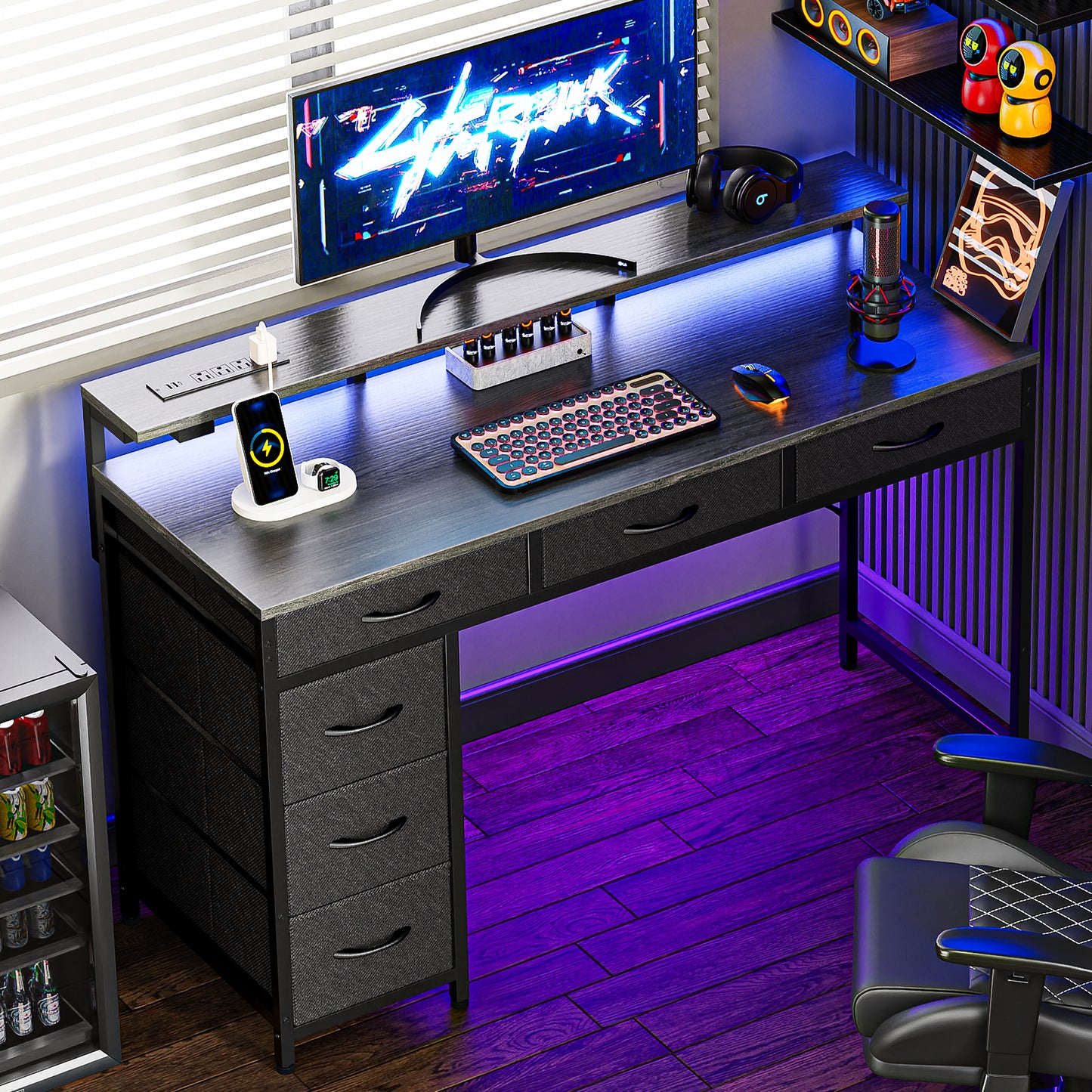 Huuger Gaming Desk with 6 Drawers, Computer Desk with LED Lights Power Outlets and Type-C, 47 Inch Office Desk with Storage, Monitor Stand, Writing Desk Work Desk for Home Office, Bedroom, Study, Grey