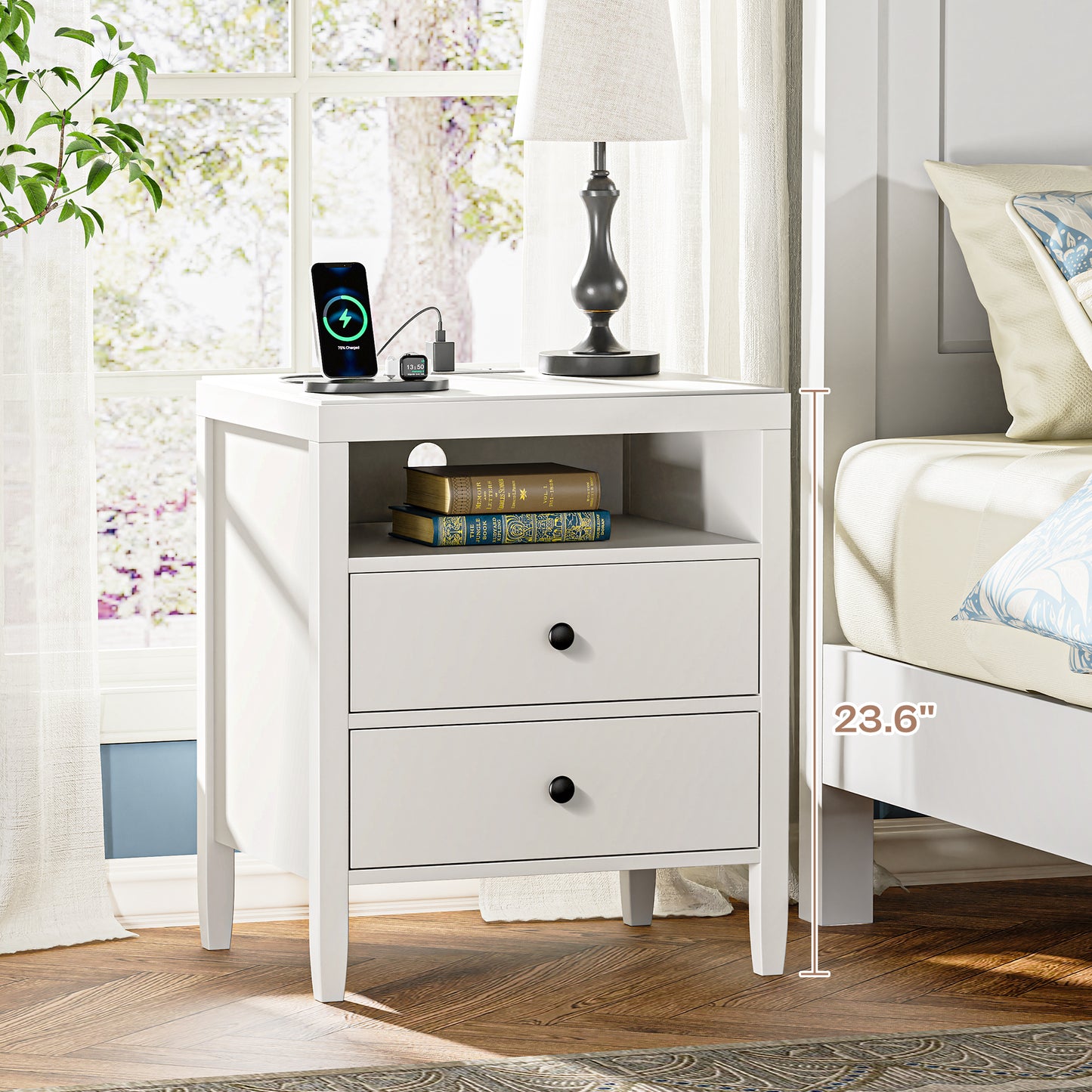 Huuger Night Stand with Charger Station, White Nightstand with 2 Drawers, Bed Side Table with Storage, Modern End Table, Metal Knobs, Painted Surface, for Bedroom