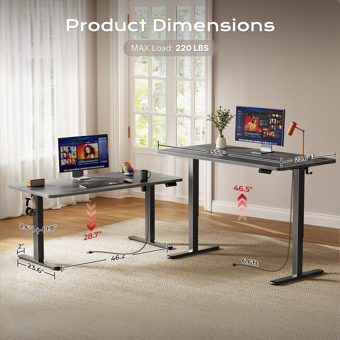 Huuger 55 X 24 Inch Electric Standing Desk with Power Outlets and USB-C Port, Height Adjustable Desk, Sit Stand Desk for Home Office, Computer & Gaming Desk with 3 Presets, Stable Steel Frame