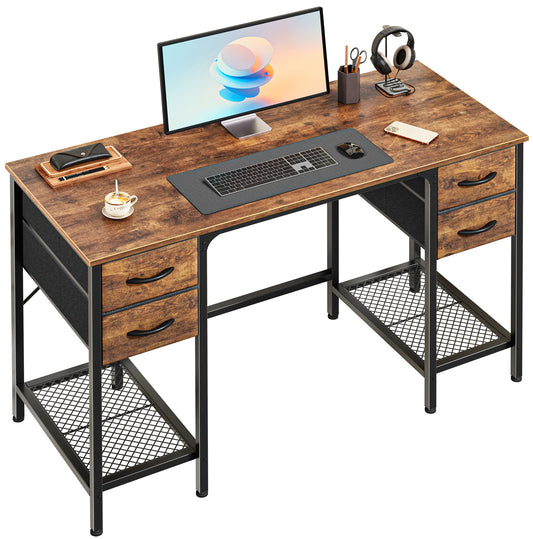 Huuger 47 Inch Computer Desk with 4 Drawers, Office Desk with Mesh Shelf, Gaming Desk, Large Storage, Writing Desk Work Desk for Home Office, Study, Bedroom, Work from Home, Rustic Brown