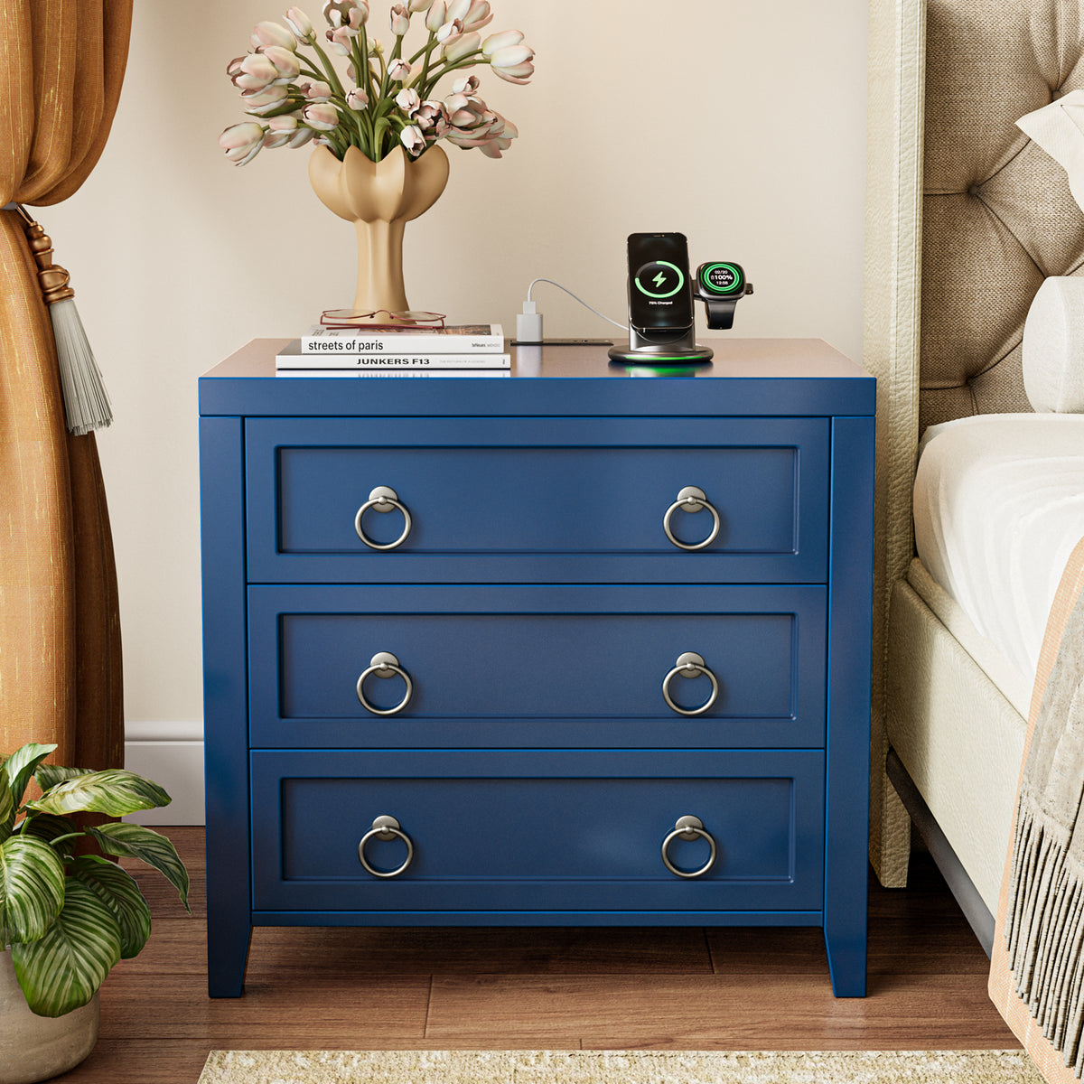 Huuger Paint Night Stand with Charger Station, 3 Drawer Nightstand Set of 2 Larger Wider Bedside Table with USB-C Port, Modern End Table, for Bedroom, Living Room, Blue Nightstand