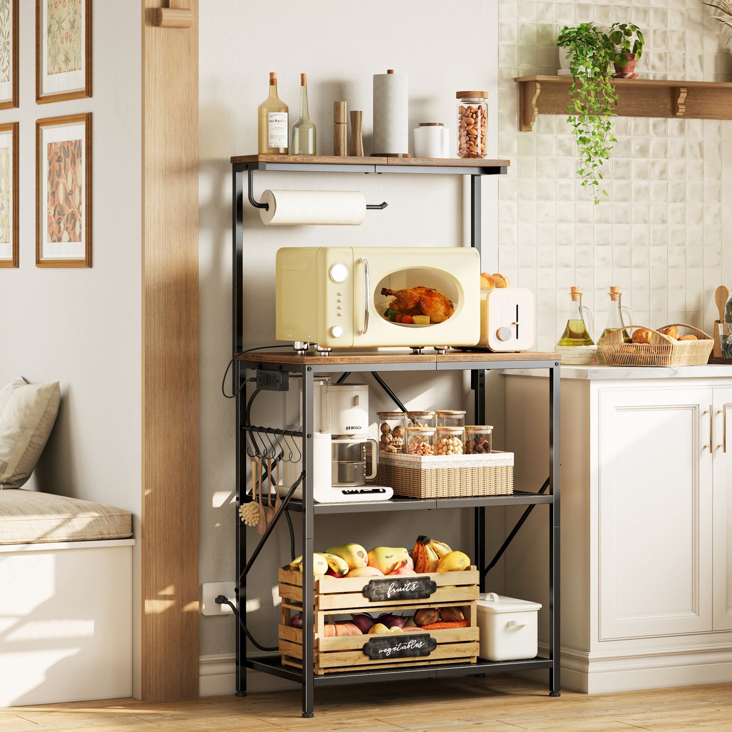 Huuger 4-Tier Bakers Rack with Reversible Power Outlet, 23.6 Inch Microwave Stand, Kitchen Coffee Bar, with Top Shelf, 6 S Hooks, Rustic Brown