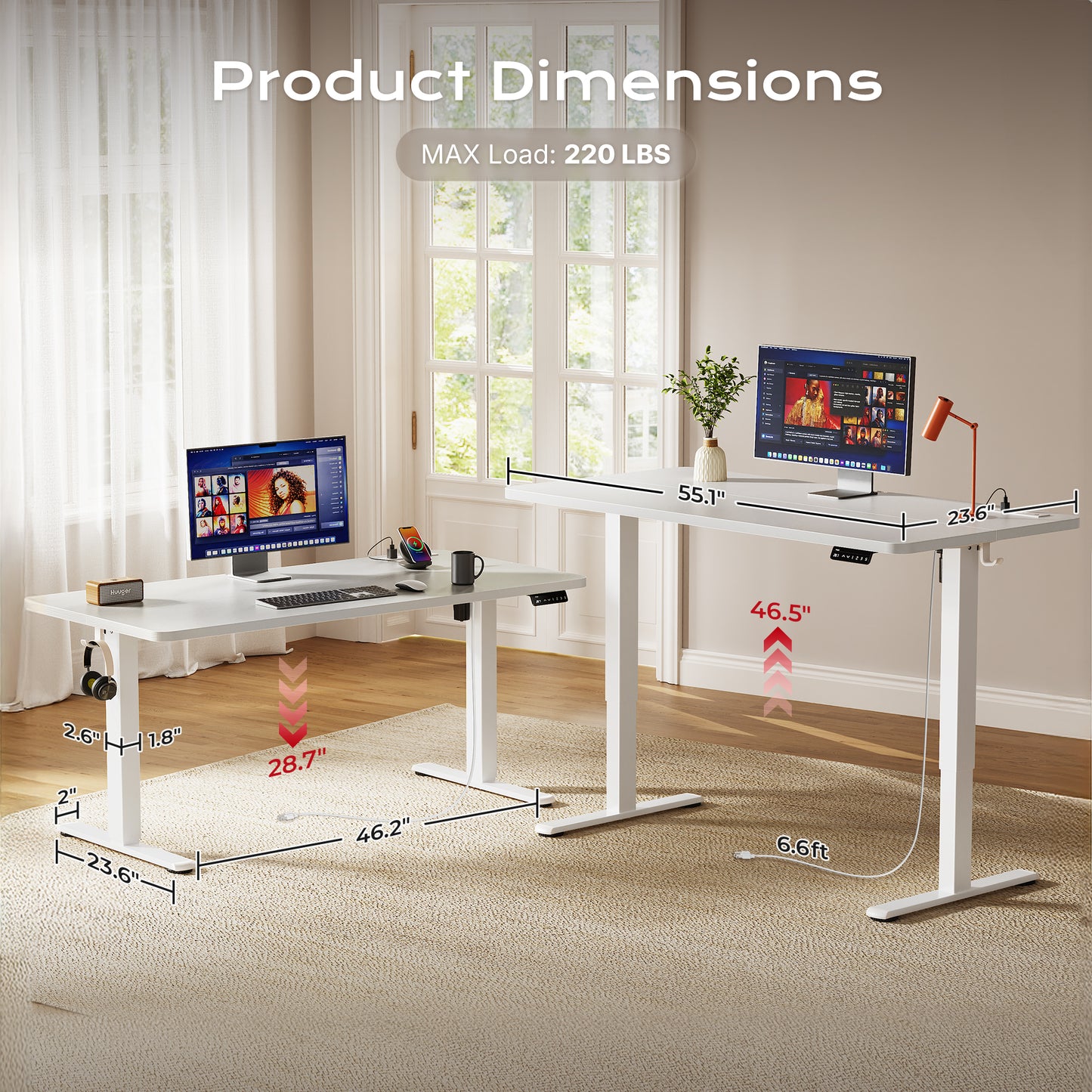 Huuger 55 X 24 Inch Electric Standing Desk with Power Outlets and USB-C Port, Height Adjustable Desk, Sit Stand Desk for Home Office, Computer & Gaming Desk with 3 Presets, Stable Steel Frame