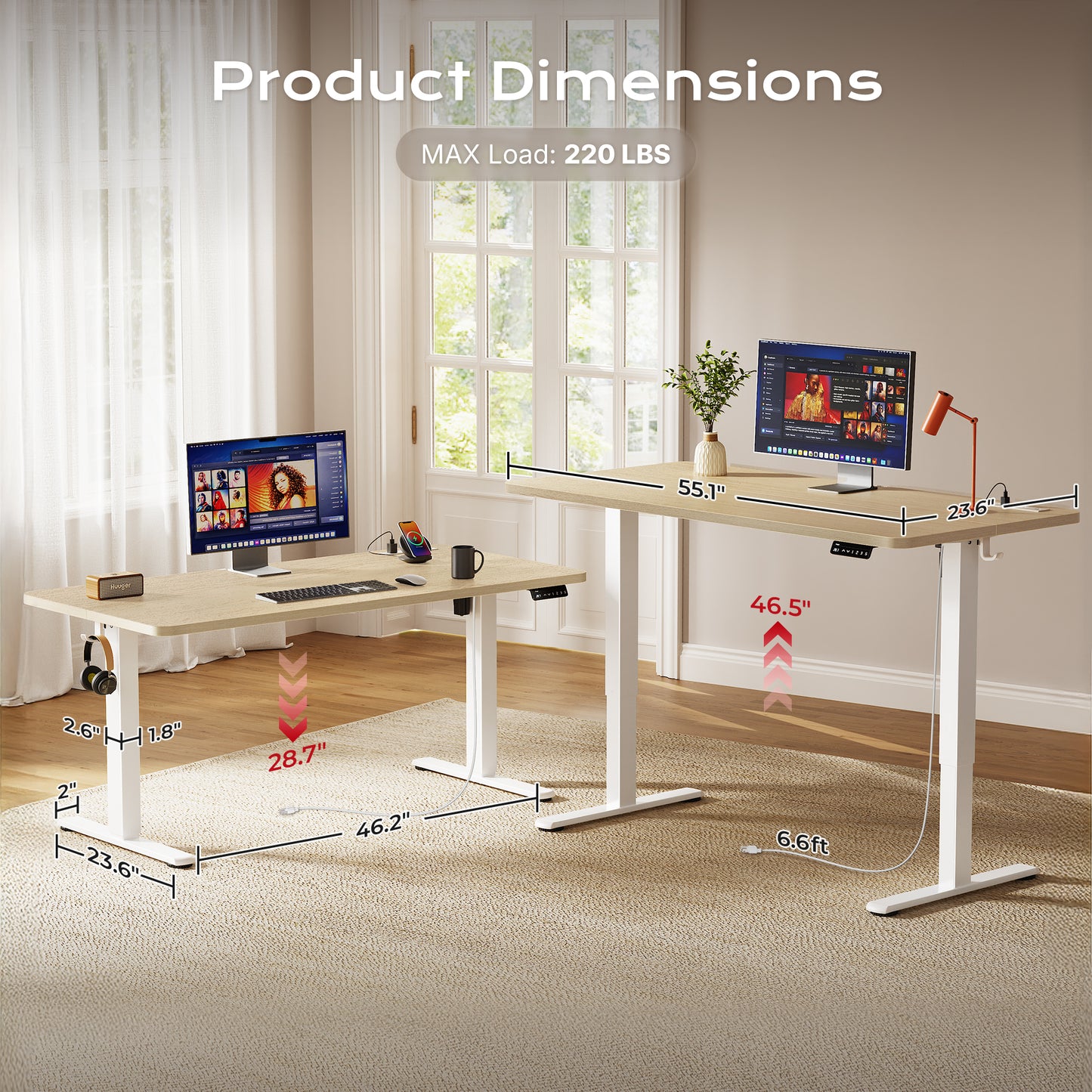 Huuger 55 X 24 Inch Electric Standing Desk with Power Outlets and USB-C Port, Height Adjustable Desk, Sit Stand Desk for Home Office, Computer & Gaming Desk with 3 Presets, Stable Steel Frame