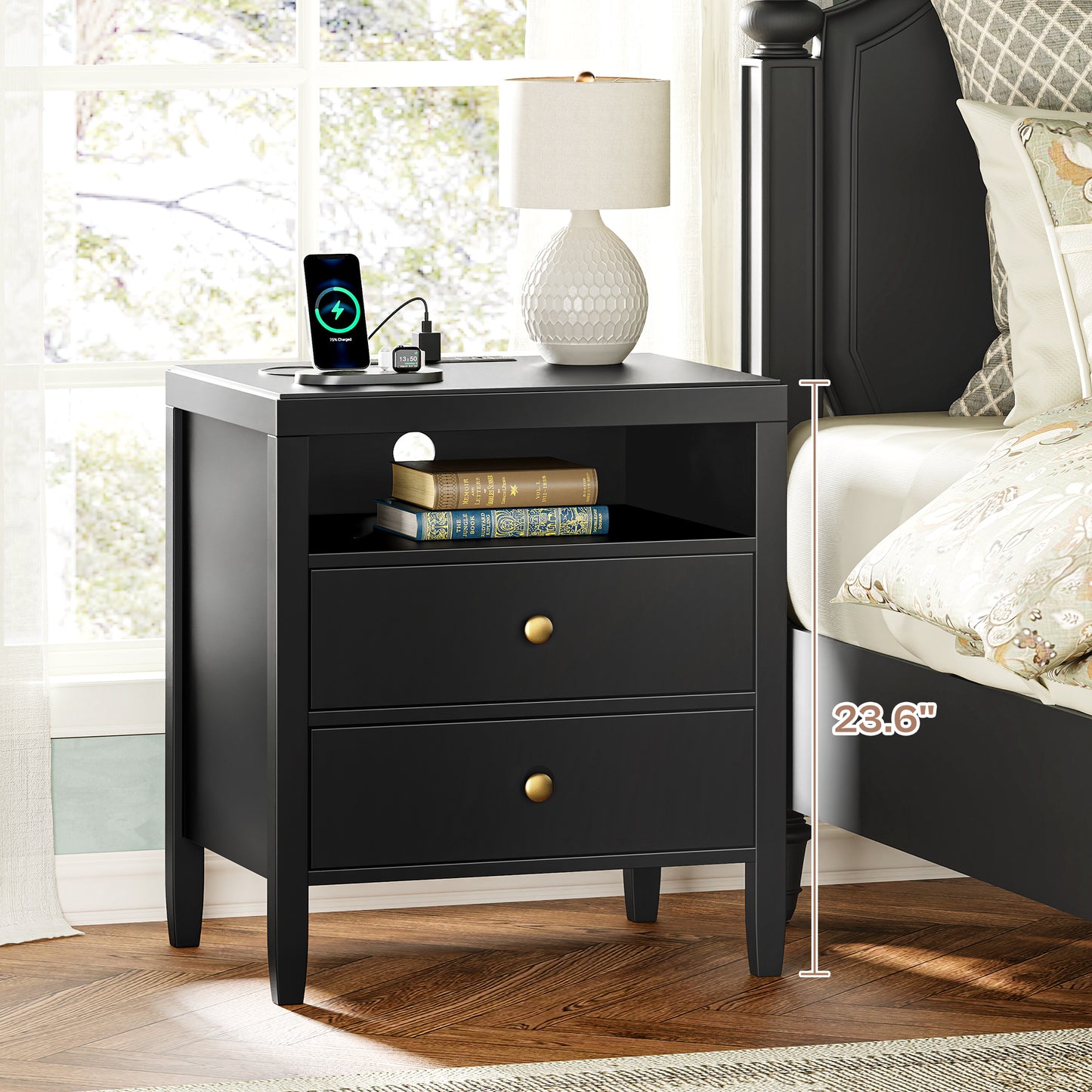 Huuger Night Stand with Charger Station, Black Nightstand with 2 Drawers, Bed Side Table with Storage, Modern End Table, Metal Knobs, Painted Surface, for Bedroom