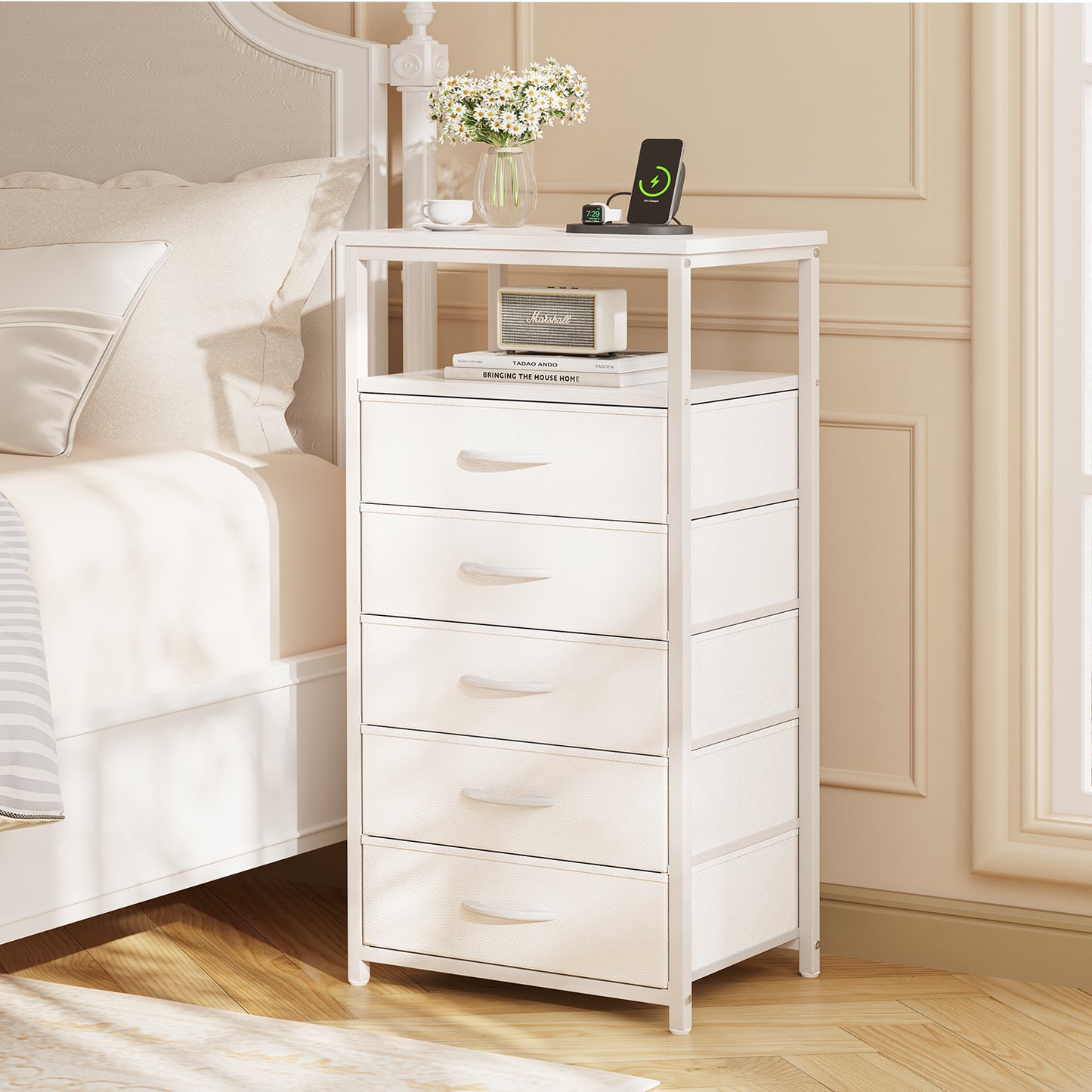 Huuger 5 Drawers Dresser with Charging Station, Dresser for Bedroom, Tall Night Stand, Chest of Drawers with PU Leather Finish, Open Shelf, Bedside Table Nightstand, for Entryway, White