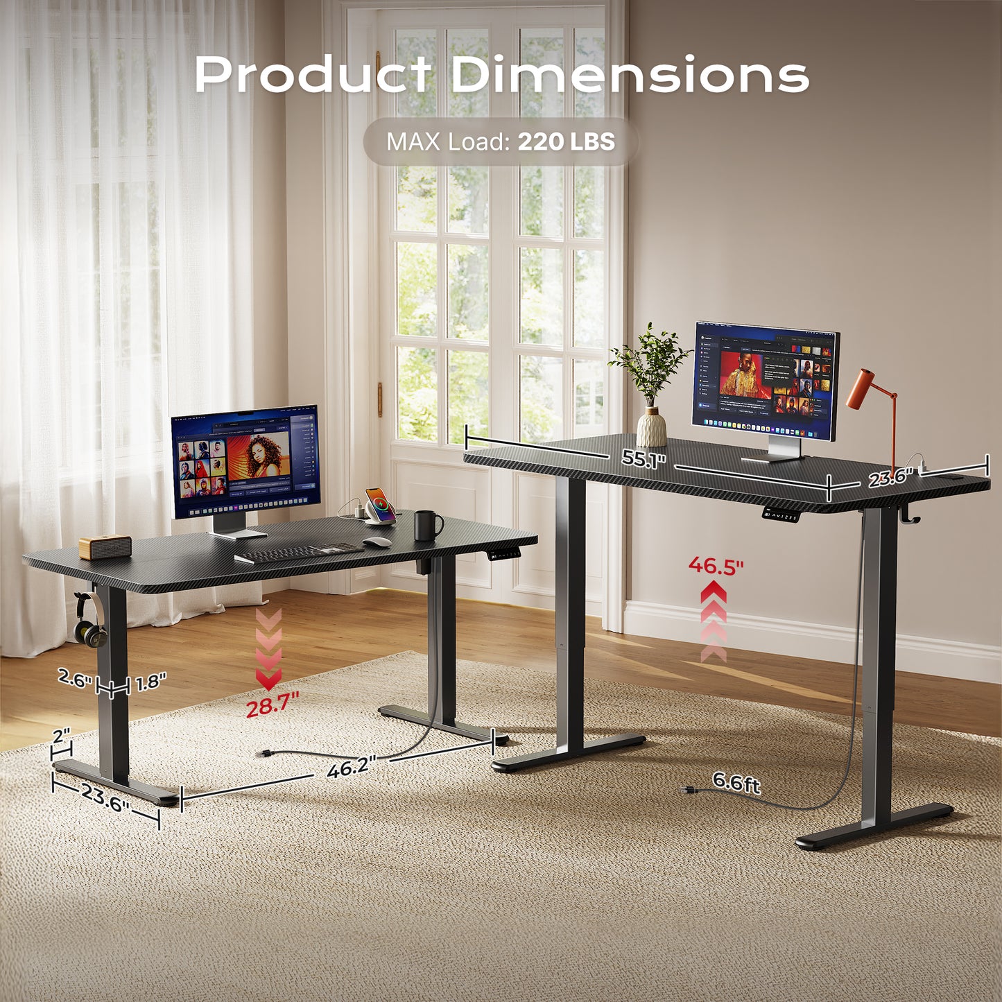 Huuger 55 X 24 Inch Electric Standing Desk with Power Outlets and USB-C Port, Height Adjustable Desk, Sit Stand Desk for Home Office, Computer & Gaming Desk with 3 Presets, Stable Steel Frame