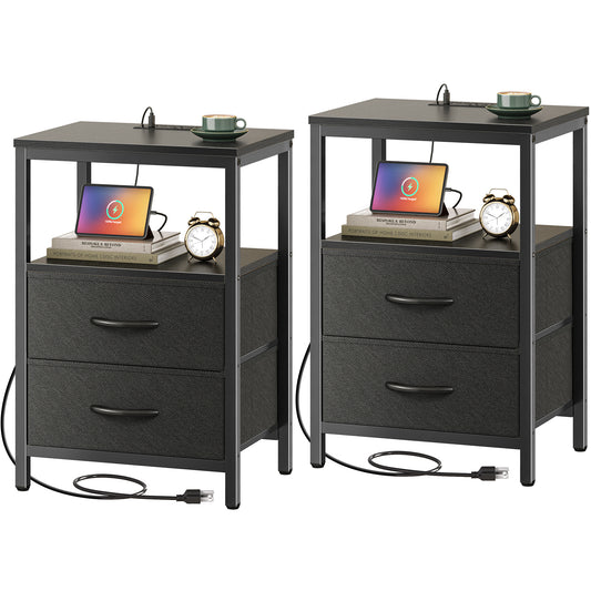 Huuger Nightstands Set of 2, End Tables with Charging Station, Side Tables with Fabric Drawers, Bedside Tables with USB Ports and Outlets, Night Stands for Bedroom, Black