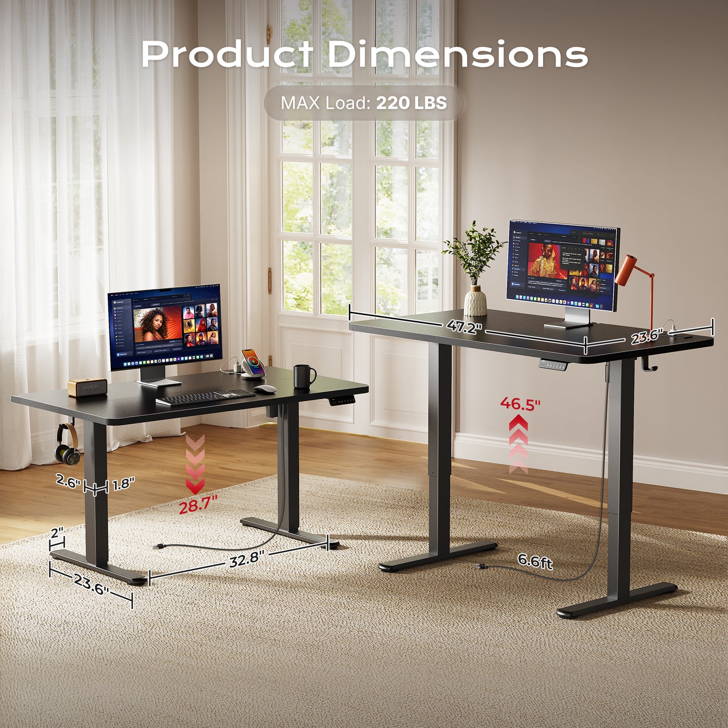 Huuger 47 X 24 Inch Electric Standing Desk with Power Outlets and USB-C Port, Height Adjustable Desk, Sit Stand Desk for Home Office, Computer & Gaming Desk with 3 Presets, Stable Steel Frame
