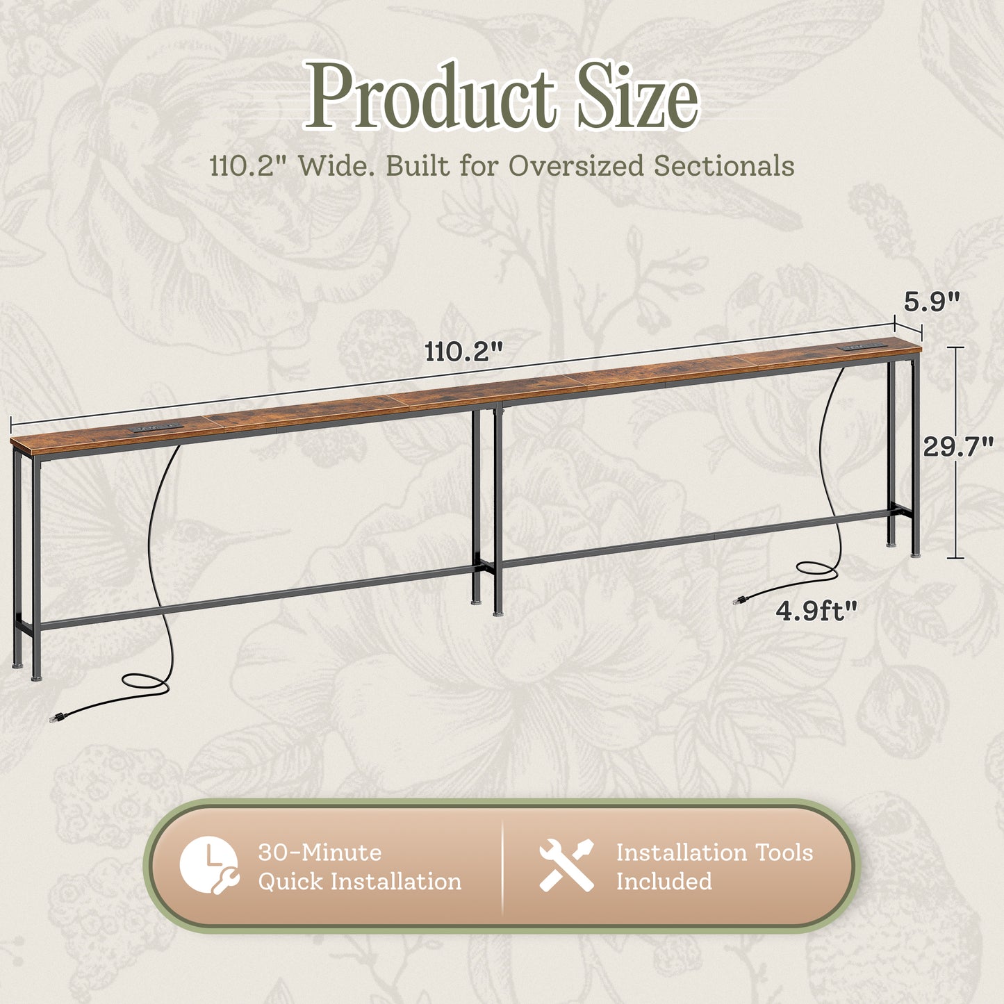 Huuger 102.4/110.2/118.1/130 Inch Behind Couch Table with 2 Power Outlets and USB-C Ports, Extra Long Narrow Sofa Table for Sectional Sofa, Skinny Console Table with Anti-Bump Pads, for Living Room, Rustic Brown