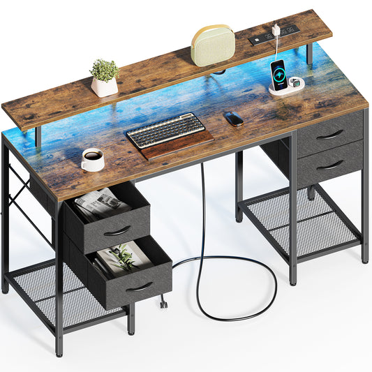 Huuger 55 inch Computer Desk with 4 Drawers, Gaming Desk with LED Lights & Power Outlets, Home Office Desk with Large Storage Space for Bedroom, Work from Home, Rustic Brown